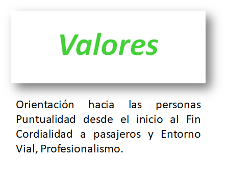 Orientación hacia las personas, Puntualidad desde el inicio al Fin, Cordialidad a pasajeros y Entorno Vial, Profesionalismo